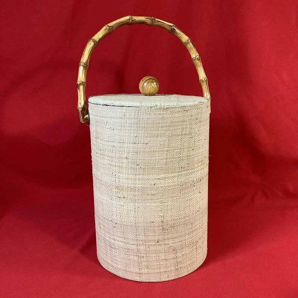 Vintage 1970's  Ice Bucket / Grass Cloth with Faux Bamboo Handle / No Tongs